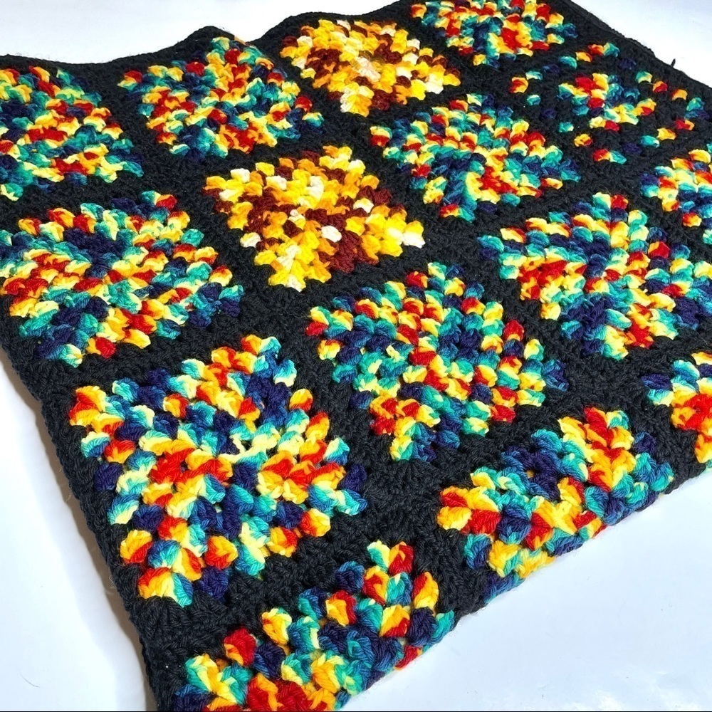 Rainbow and Black Granny Square Crochet Throw Blanket Afghan - Picture 2 of 8